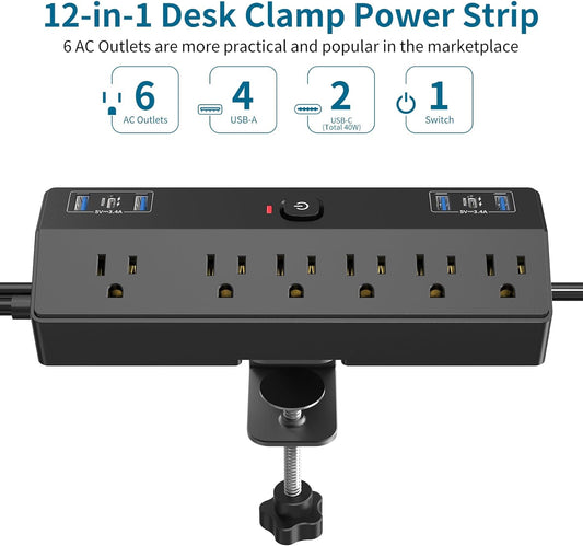 Desk Clamp Power Strip 2 USB C Desktop Mount Outlet Charging Station, 10FT Extension Cord Flat Plug with 6 AC, Removable 40W Fast Charging Surge Protector Power Strip Fits 1.8" Office Tabletop Edge