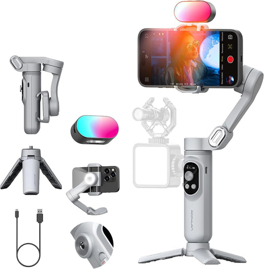 3-axis Gimbal Stabilizer for Smartphone w/ 1/4 Thread Foldable Phone Stabilizer for Recording, Built-in Fill Light, Smartphone Gimbal w/RGB Light for iPhone 15/14 Vlogging(Smart X Kit Grey)