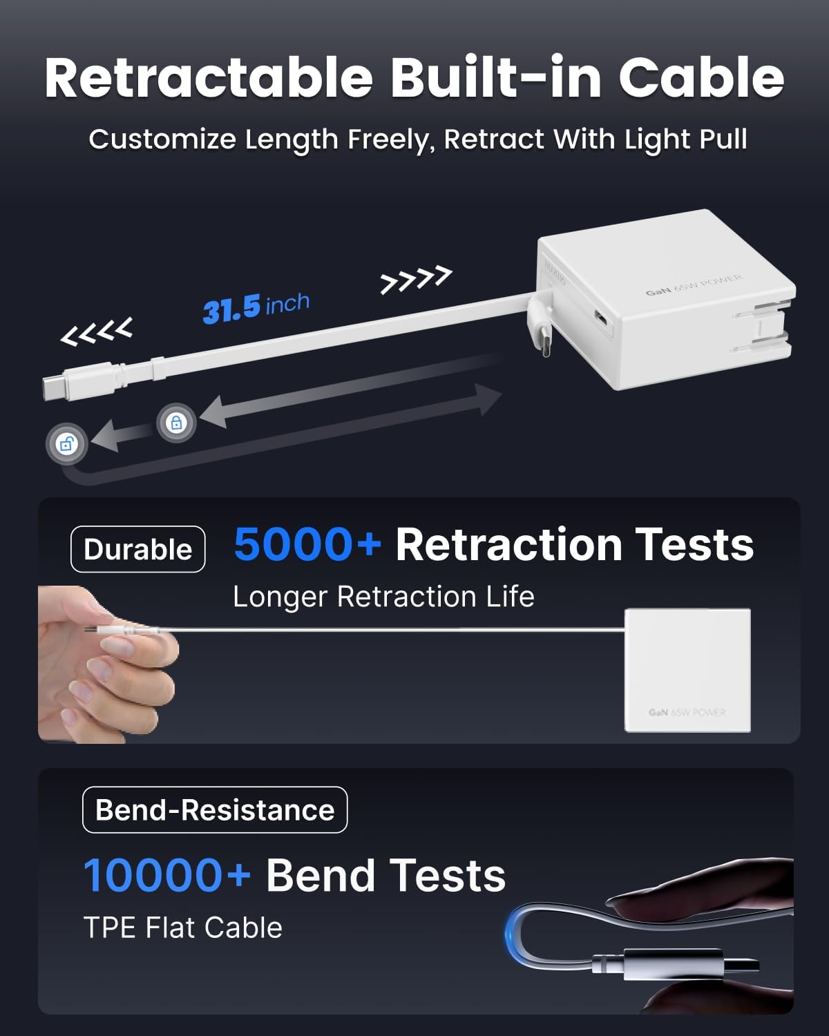 65W USB C Retractable Wall Charger with Built-in Type-C Cable, Portable Fast Charger Block with Foldable Plug, Compatible for Laptop, MacBook Pro/Air, iPhone 16/15, Galaxy S25, Pixel, iPad