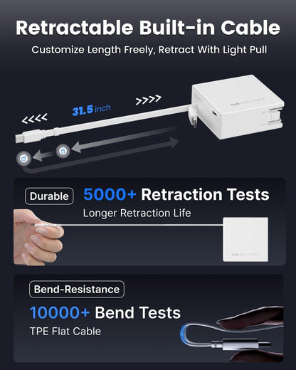 65W USB C Retractable Wall Charger with Built-in Type-C Cable, Portable Fast Charger Block with Foldable Plug, Compatible for Laptop, MacBook Pro/Air, iPhone 16/15, Galaxy S25, Pixel, iPad