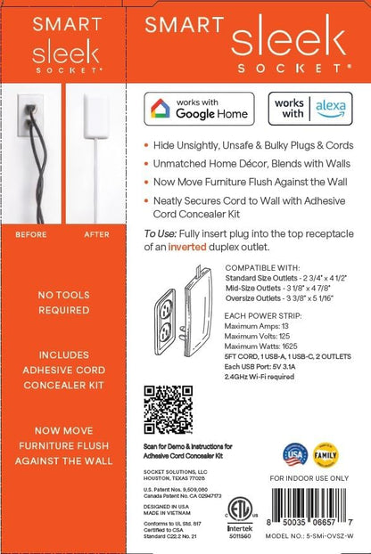 Smart Sleek Socket: Universal Outlet Concealer with Wi-Fi Smart Power Strip