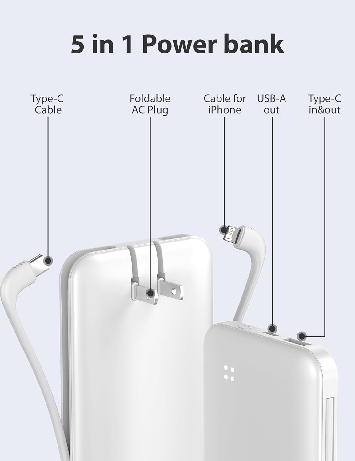 Alongza Portable Charger Built-in Cables and AC Wall Plug, Slim Fast Charging Power Bank 10000mAh, Lightweight USB C External Battery Pack Compact Travel Cell Phone Charger