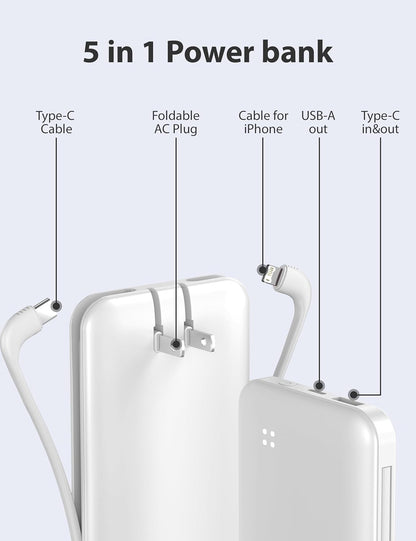 Alongza Portable Charger Built-in Cables and AC Wall Plug, Slim Fast Charging Power Bank 10000mAh, Lightweight USB C External Battery Pack Compact Travel Cell Phone Charger
