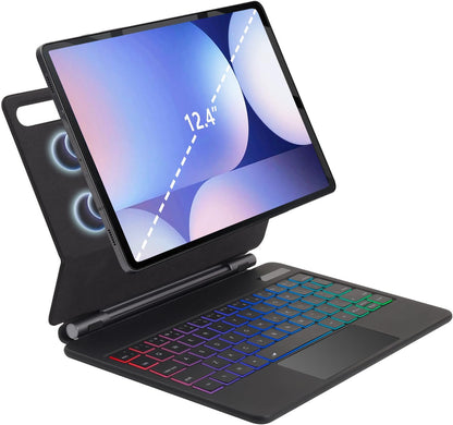 Magic Keyboard Case for Samsung Galaxy Tab S10+ Plus/S9+ Plus/S9 FE+ Plus/S8+ Plus/S7+ Plus/S7 FE 12.4 Inch, Rainbow Color Backlit Keyboard - Multi-Touch Trackpad - Floating Cantilever Stand, Black