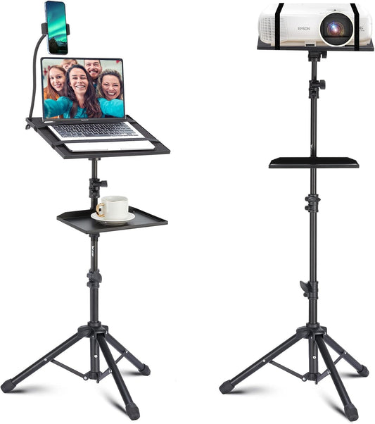 Lusweimi Projector Tripod Stand, 50” Laptop Stand with 2 Shelves for Projector, iPad, DJ Equipment, Portable Adjustable Floor Stand with Gooseneck Phone Holder for Office, Home, Stage or Studio