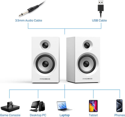 BT16 Active Bookshelf Speakers 3.5" Woofer with 1" Tweeter, 60W RMS-Bluetooth 5.3, Built-in 24bit DAC Dynamic 3D 2.0 Surround Sound, Computer Gaming PC Speakers - White
