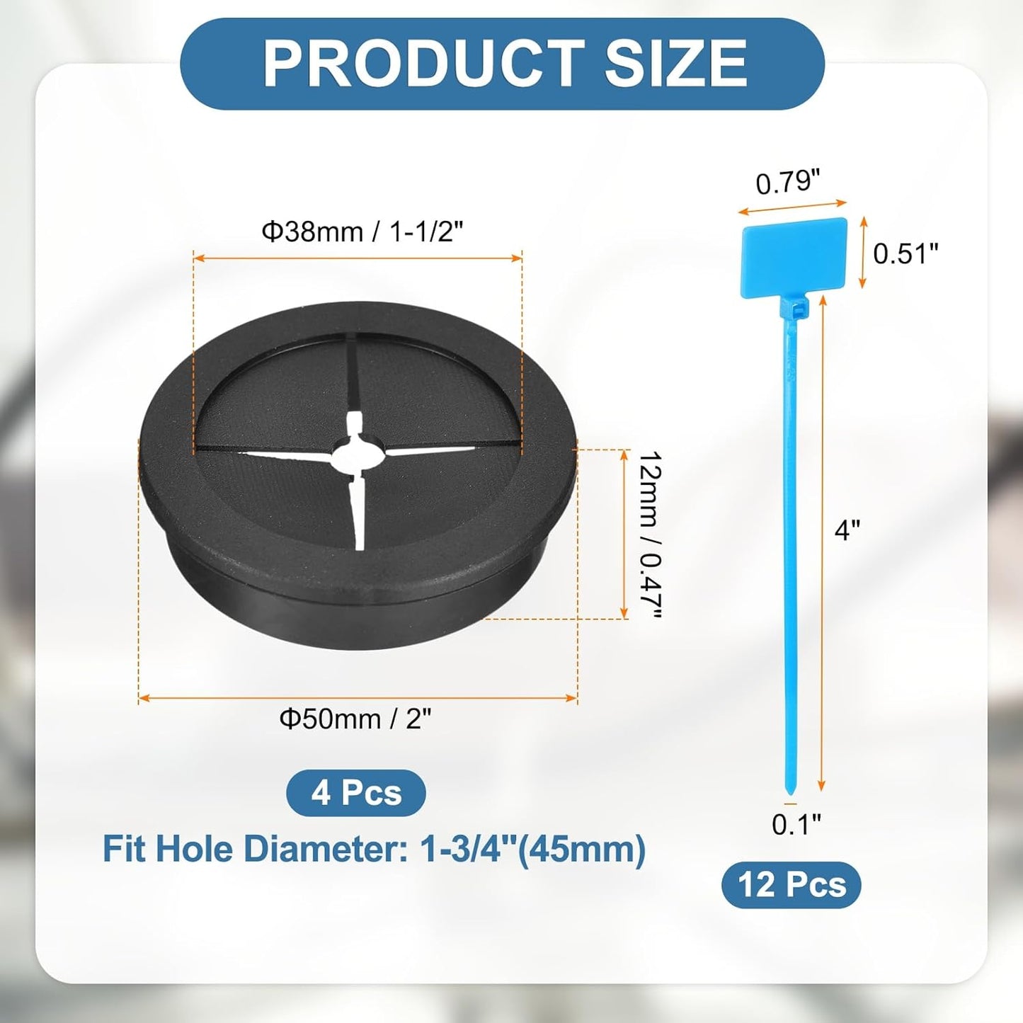 uxcell 4Pcs Cable Cord Grommet, 1-3/4"(45mm) Rubber Desk Grommets Wire Pass Through Hole Cover with Marked Cable Ties for Home Office Cable Wire Protection, Black