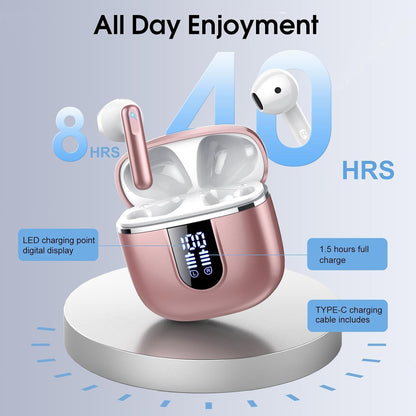 Wireless Earbuds, Bluetooth 5.4 Headphones with 3D Bass Stereo, 40H Ultralight in-Ear Buds, Bluetooth Earbuds with 4 ENC Noise Cancelling Mic, USB-C, IP7 Waterproof Earphones for Android iOS, Rose