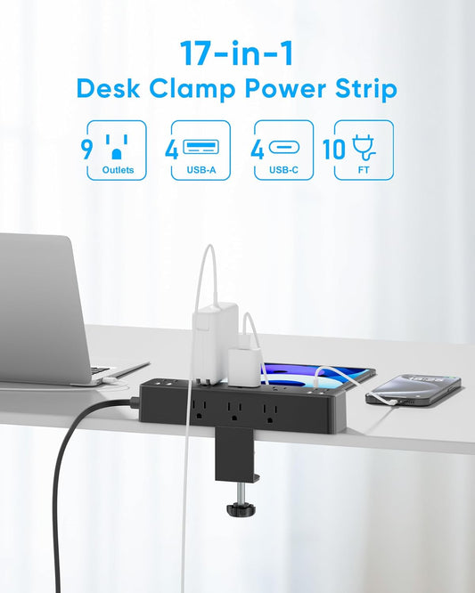 Flat Plug Desk Clamp Power Strip 10FT, 24W Total Charging Station, Desk Edge Mount Power Strip 9 AC Outlets 8 USB Ports Surge Protector, Fit 1.7" Tabletop Edge, Home Office Accessories