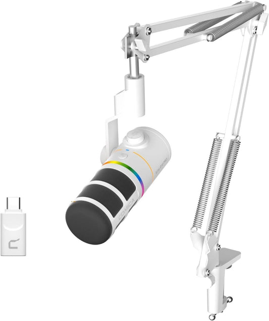 COMICA D10 Pro A Wireless/XLR/USB Dynamic Microphone with Receiver Boom Arm Stand- Dual Channel Cardioid Mic, 45H Battery, RGB Lights, CalMix Denoise for Gaming/Streaming/PD(PC, PS4/5, Mac,Phone)White
