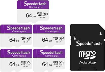 Micro SDXC Memory Card 64GB 5 Pack, Speederlash Camera Plus TF Card with Adapter, 90MB/s Read Speed, 4K UHD&5K Video Support, U1 V30 A1 Rated, for Security Camera, Smartphone, Drone, Tablet, PC