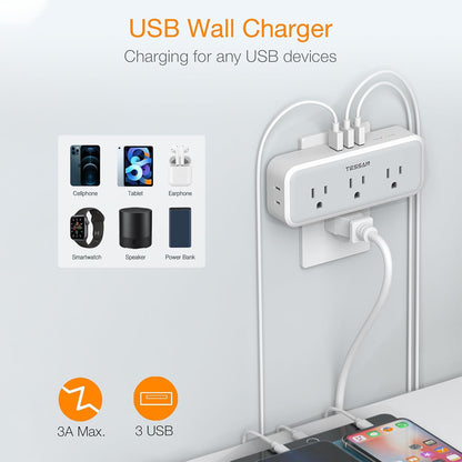 Multi Plug Outlet Splitter, TESSAN Wall Surge Protector 5 Outlet Extender 3 USB Charger Adapter, 3 Way Multiple Power Electrical Plug Expander