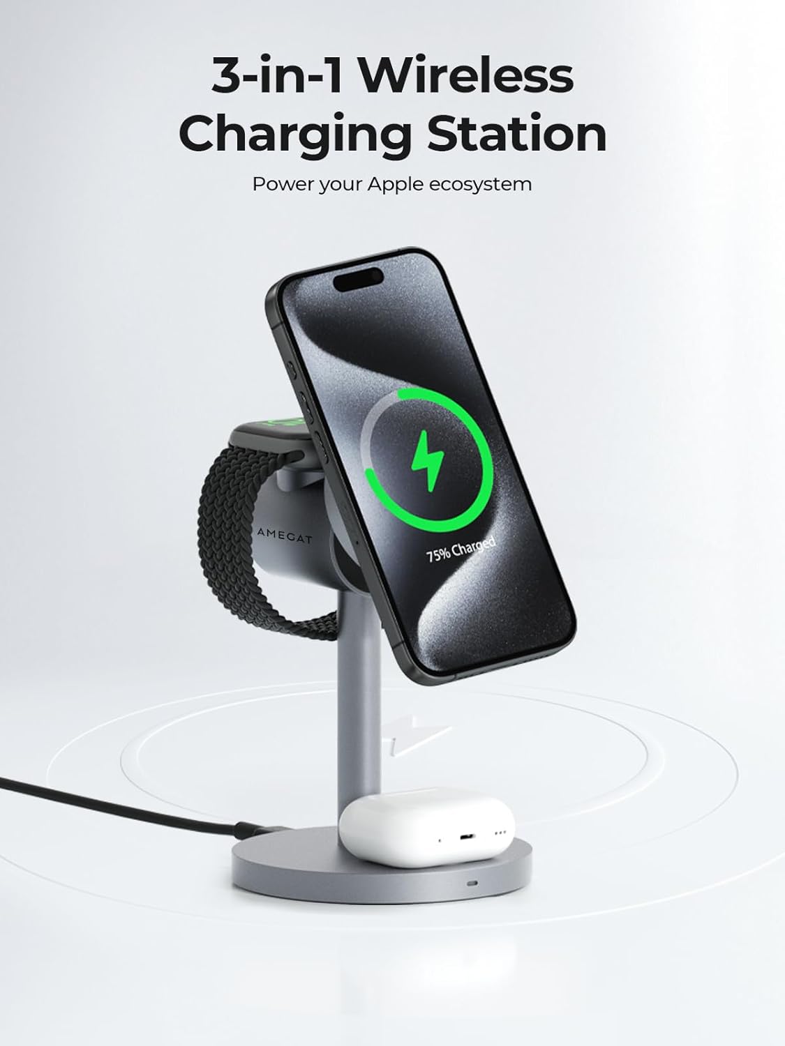 MagFusion 3-in-1 Charging Station Compatible with MagSafe, Qi2 Certified 15W Magnetic Wireless Charger Stand, for iPhone 16/15/14/13/12 Series, Apple Watch, AirPods(30W PD Charger Included)