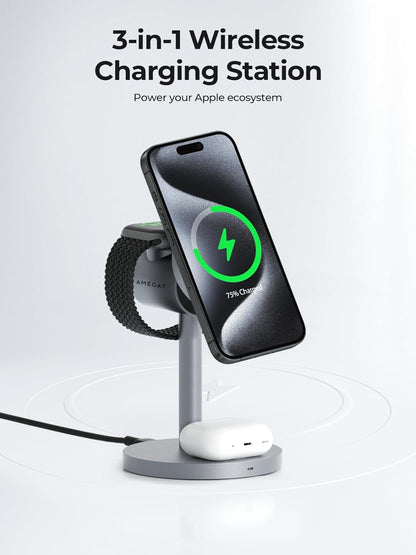 MagFusion 3-in-1 Charging Station Compatible with MagSafe, Qi2 Certified 15W Magnetic Wireless Charger Stand, for iPhone 16/15/14/13/12 Series, Apple Watch, AirPods(30W PD Charger Included)