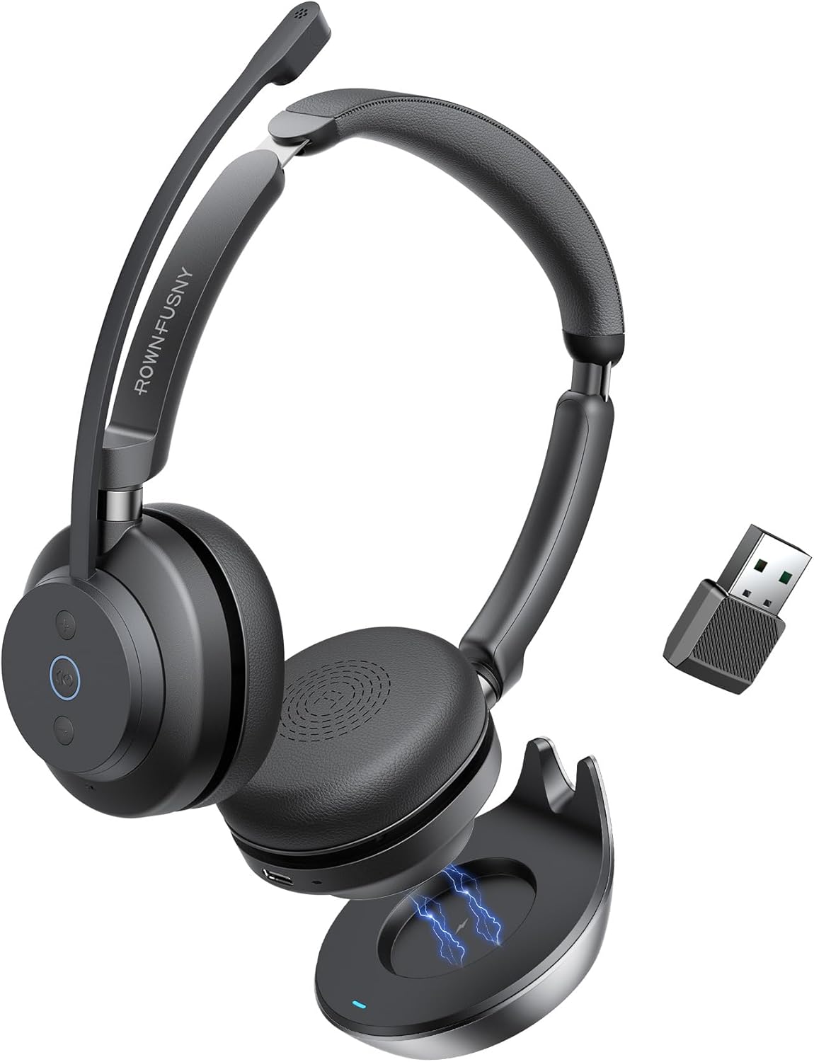 Wireless Headset, Bluetooth Headphones & 2.4G USB Dongle with Noise Cancelling Mic, Mute Button - for PC, Laptop, Call Center, Home Office, Zoom, Teams Meeting