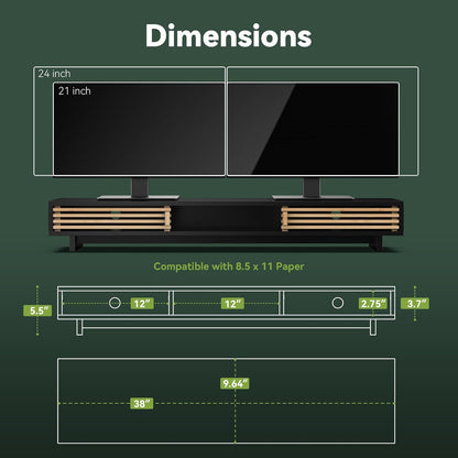 Dual Monitor Stand Riser with Sliding Door, Double Computer Laptop Stand Desk Shelf Organizer with Storage (Black + Natural Bamboo, 38 Inch)