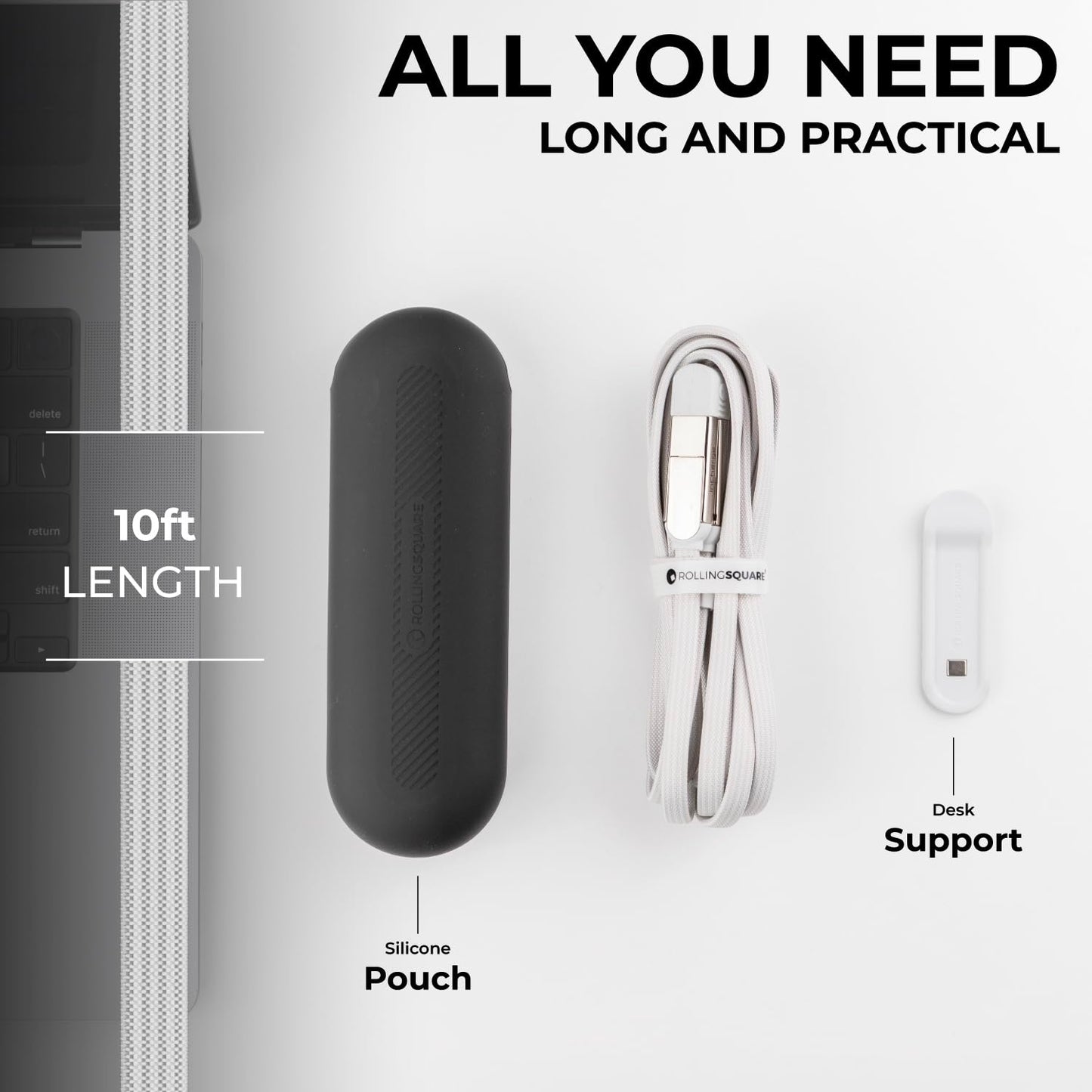 Rolling Square inCharge XL 6-in-1 Multi Charging Cable, Portable USB and USB-C Cable with 100W Ultra-Fast Charging Power, 10 Ft/3m, Glacier White