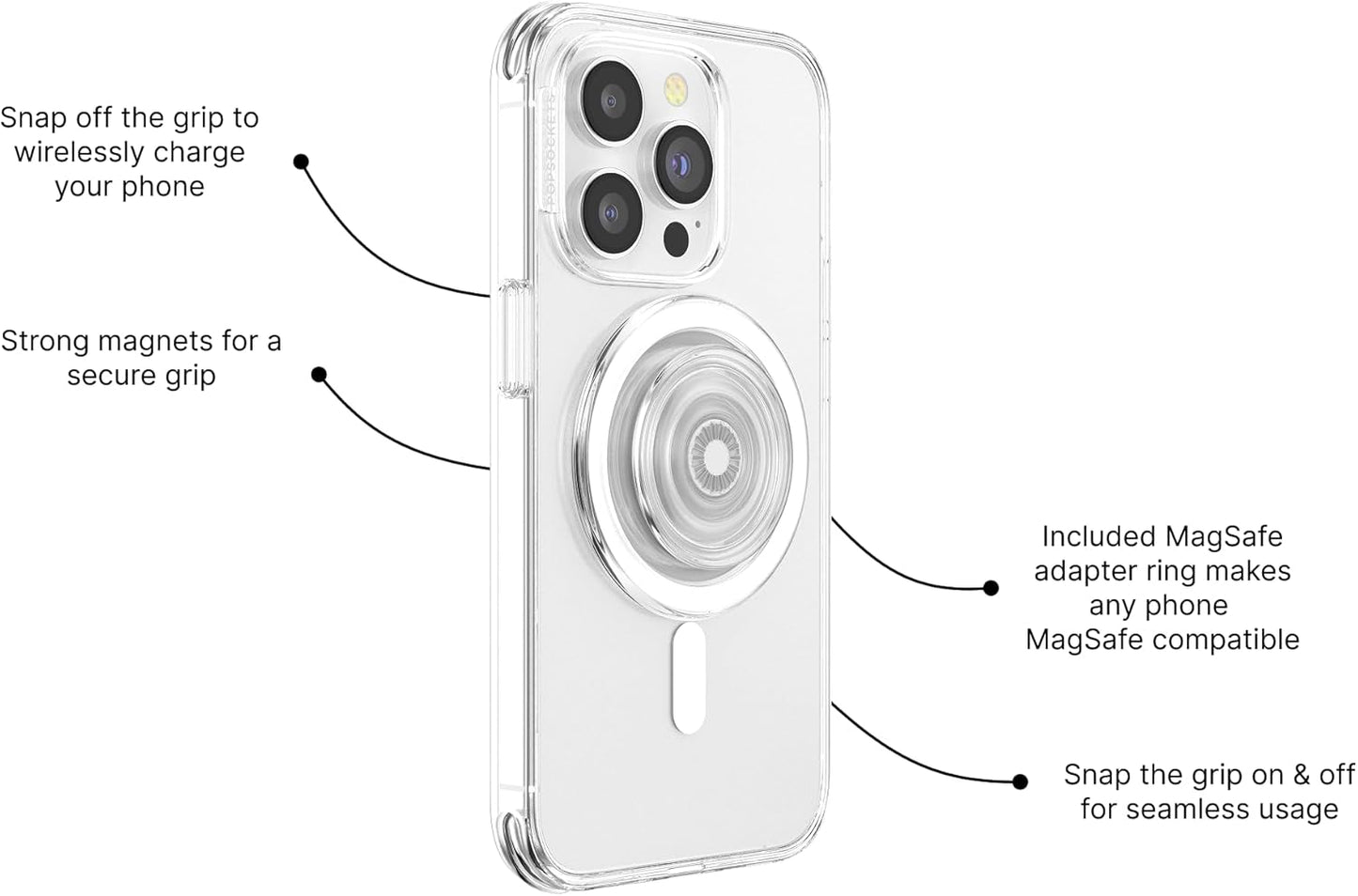 PopSockets Phone Grip for MagSafe with Kickstand, Magnetic Stand, Swappable Top, Secure Hold for iPhone MagSafe Cases, Phone & Tablet Grip - Clear