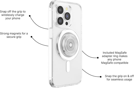 PopSockets Phone Grip for MagSafe with Kickstand, Magnetic Stand, Swappable Top, Secure Hold for iPhone MagSafe Cases, Phone & Tablet Grip - Clear