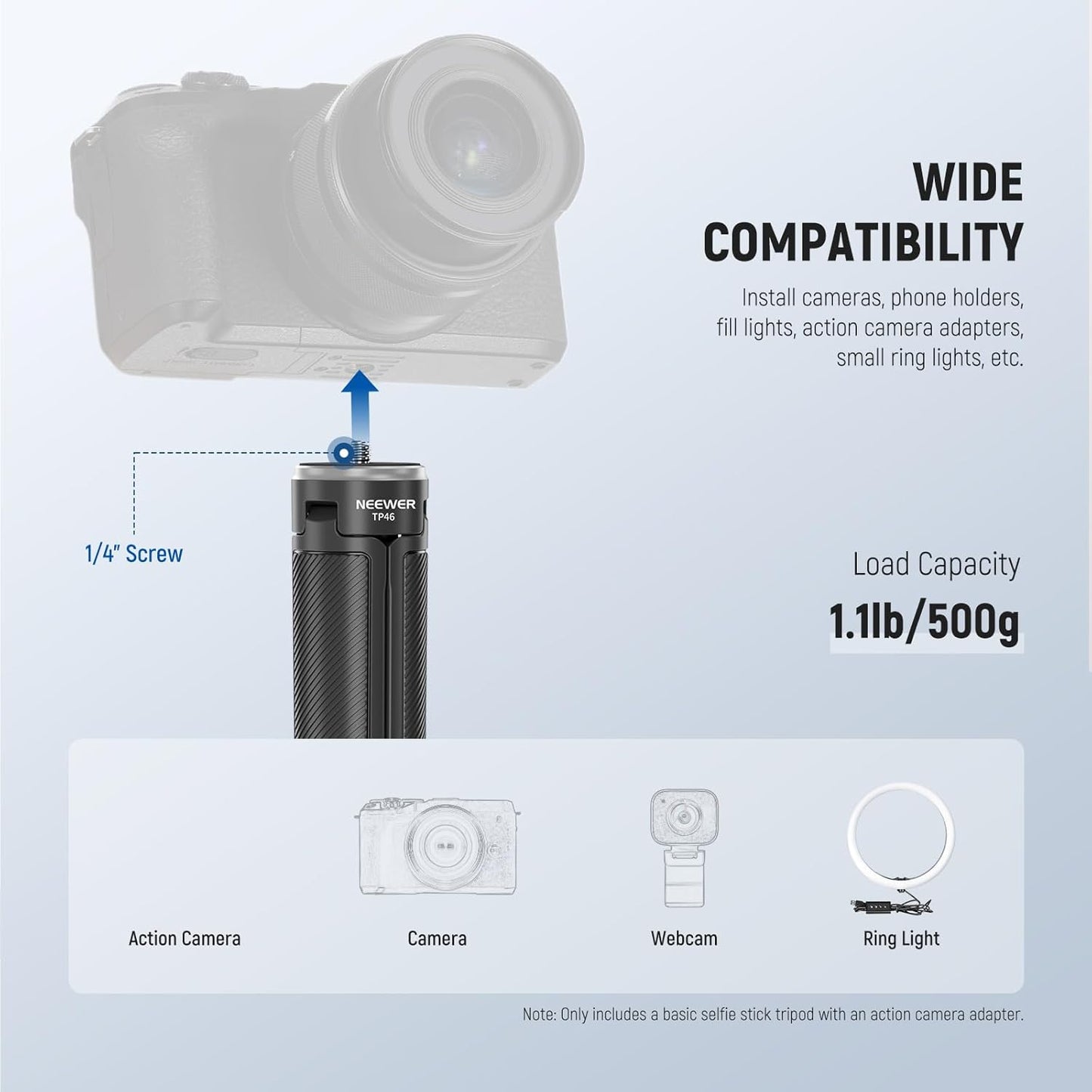 NEEWER Basic Selfie Stick Tripod for DSLR Action Camera Webcam, Mini Vlogging Video Desk Stand Accessories Compatible with GoPro Hero 13 12 Insta360 DJI Osmo Action 5 Pro AKASO EK7000 Brave 4 7, TP46