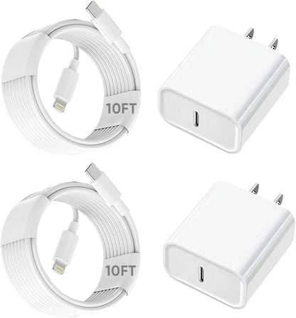 10FT iPhone Fast Charger,2Pack[Apple MFi Certified]iPhone Fast Charging USB C Blocks Wall Charger PD Adapter with Long 10 Foot USB C to Lightning Cable for i Phone14/13/12/11Pro Max/XS/SE/AirPods,iPad