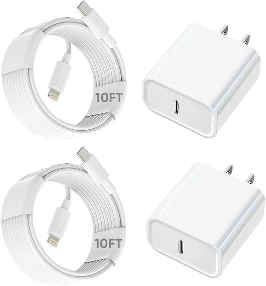 10FT iPhone Fast Charger,2Pack[Apple MFi Certified]iPhone Fast Charging USB C Blocks Wall Charger PD Adapter with Long 10 Foot USB C to Lightning Cable for i Phone14/13/12/11Pro Max/XS/SE/AirPods,iPad