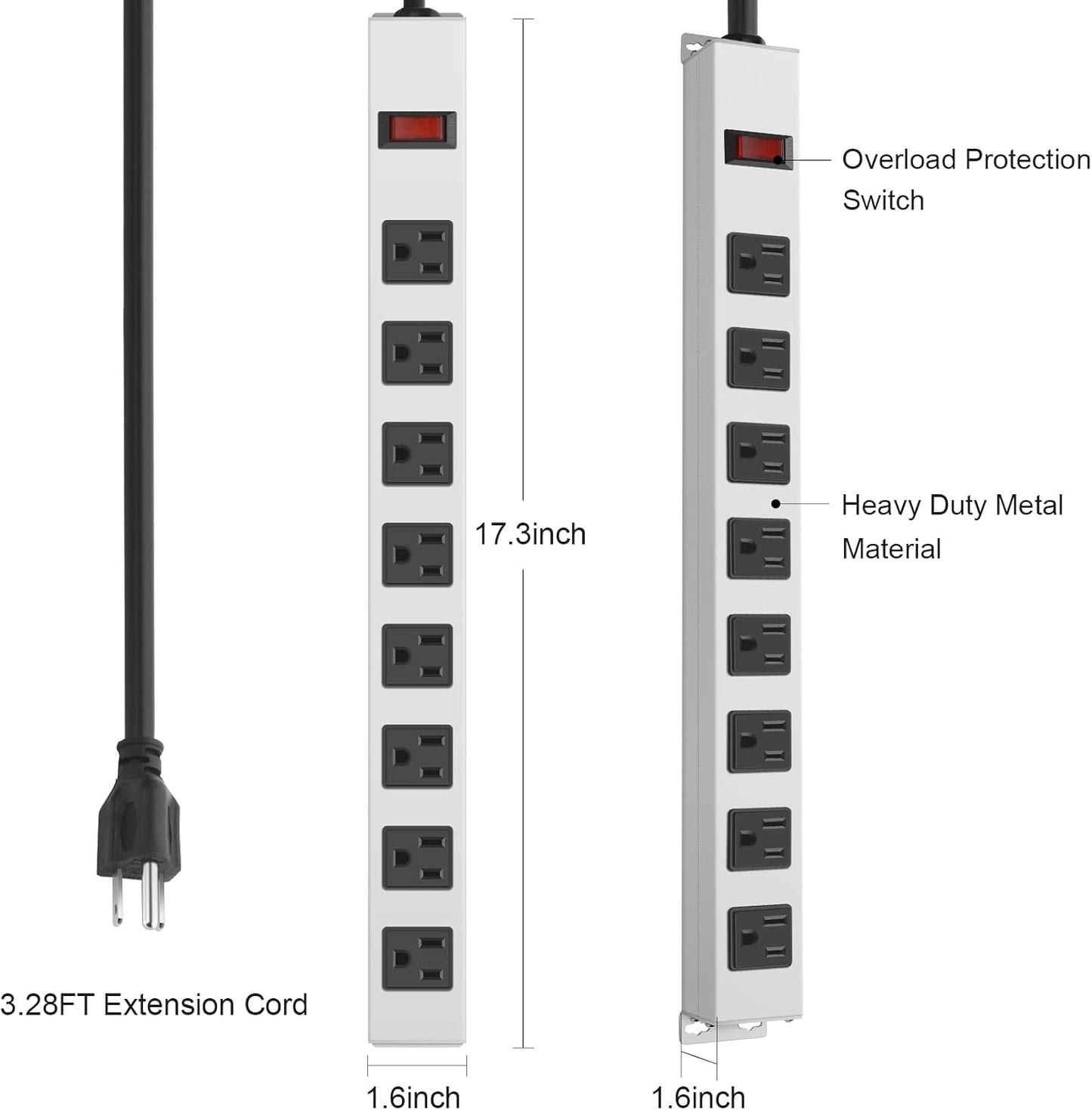 JUNNUJ Metal 8 Outlet Power Strip, Mountable Heavy Duty Power Strip, 1200J Surge Protector Wall Mount Screws Outlet with Switch, Gaming Desk Strips Wide Spaced 15A 125V 1875W, 3 FT 14AWG Power Cord