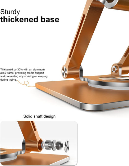 Tablet Stand Holder with Thickened 360°Rotating Base Dual Rod Adjustable Aluminum Stand for All 5.8-12.9” iPad Samsung Phone Tablet Kindle E-Reader and More, Gold