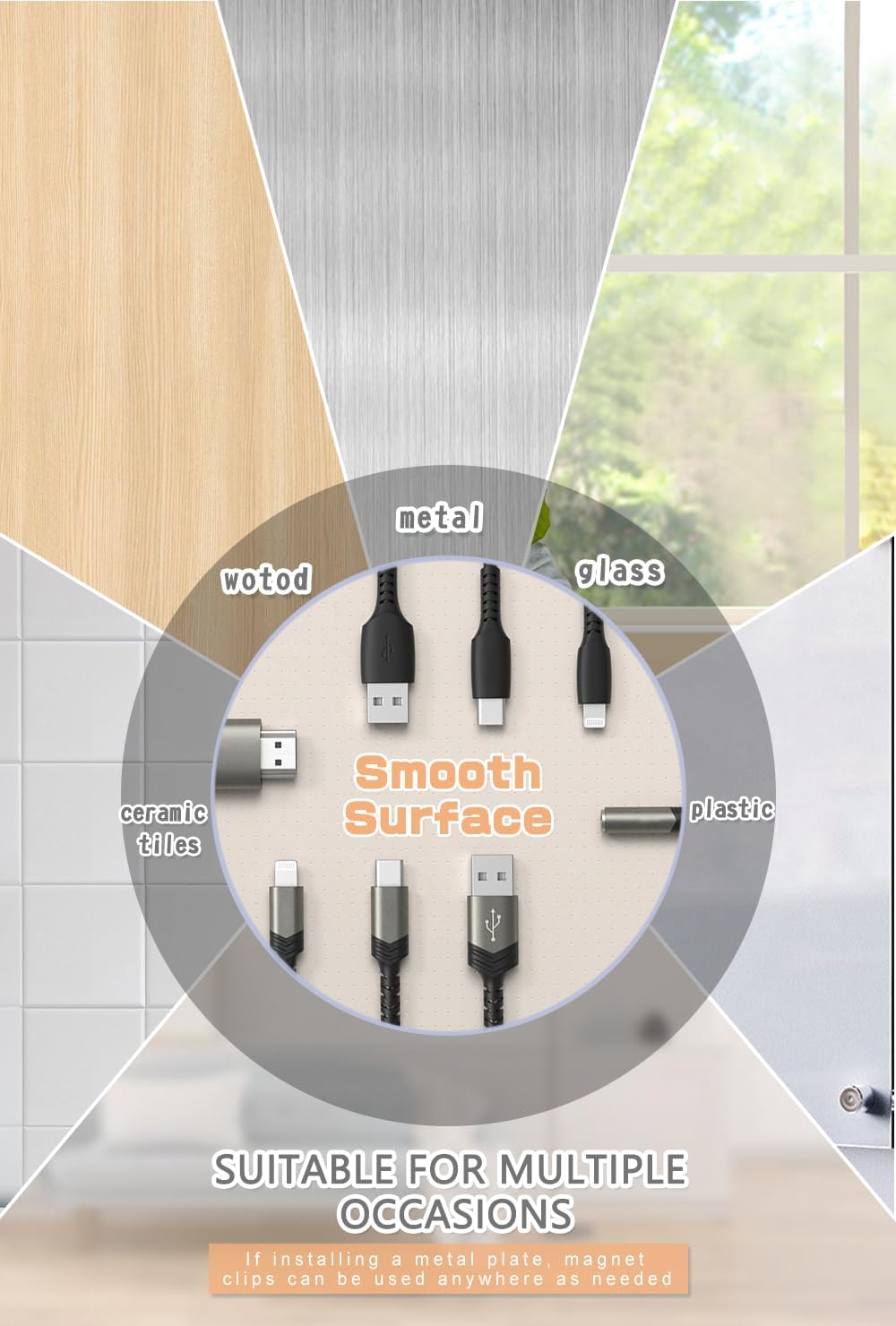 Maveek 5 Pcs Magnetic Cord Holder Cable Management, Strong Cable Clips Magnets Metal Plate, Adhesive Wire Organizers for Nightstand Desktop Wall Kitchen USB LAN (Black)