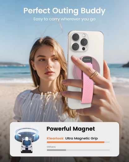 2025 Klearlook for MagSafe Phone Grip with Silicone Finger Strap, Removable Magnetic Phone Ring Holder with Adjustable Kickstand, Finger Phone Ring Grip for iPhone 16/15/14/13/12 Series, Pink
