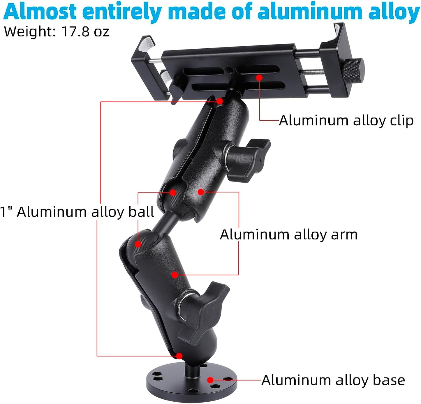 All-Aluminum Heavy Duty Drill Base Tablet Holder Mount for 4.7"-15" iPad Pro,Mini,Samsung Galaxy Tab, Surface, 360°Adjustable 2-Stage Arm Car Stand for Truck Dashboard Wall Desk Commercial Vehicle