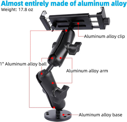 All-Aluminum Heavy Duty Drill Base Tablet Holder Mount for 4.7"-15" iPad Pro,Mini,Samsung Galaxy Tab, Surface, 360°Adjustable 2-Stage Arm Car Stand for Truck Dashboard Wall Desk Commercial Vehicle