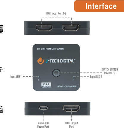 J-Tech Digital 8K HDMI 2.1 Mini Switch 2 in 1 Out 48Gbps 8K 60Hz 4K 120Hz HDR / HDR10 HDMI Switcher for Xbox PS5 BluRay with Auto Switch [JTECH-8KSW21]