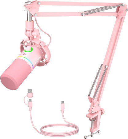 MAONO XLR/USB Dynamic Microphone Kit, RGB Gaming Mic with Software, Mute, Gain Knob, Volume Control, Boom Arm for Streaming, Podcasting, Voice-Over, Recording-PD200XS Pink