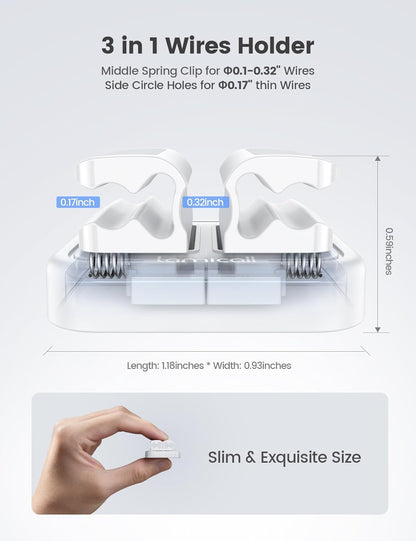 3-in-1 Cord Organizer Spring Clip Holder - Lamicall Small Desk Cable Organizer Clips, Adhesive Adjustable Wire Holder for Phone Charging Cord, Cable Management, Office Desk Accessories, White, 3Pcs