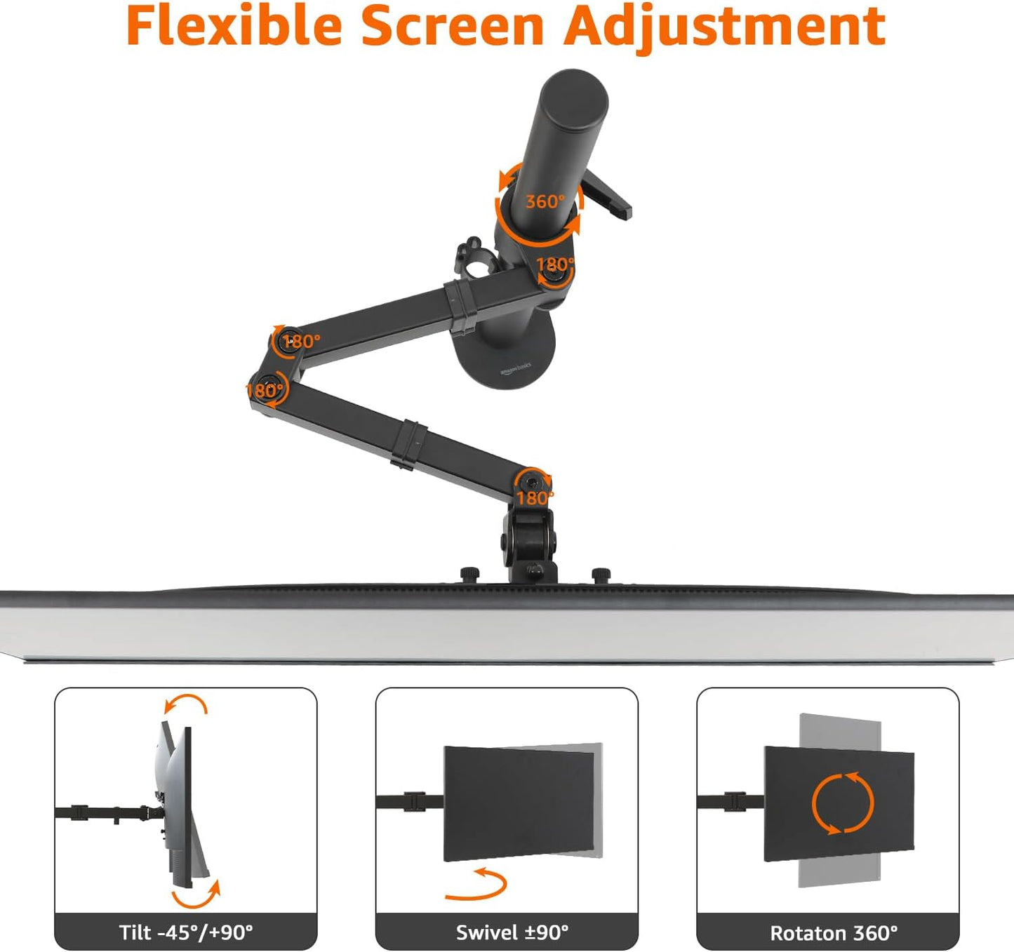 Amazon Basics Adjustable Single Computer Monitor Arm Mount, Holds up to 32" Monitors, Black