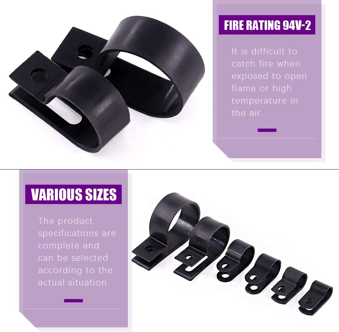 Swpeet 135 Pack 6 Sizes Black Nylon Plastic R-Type Cable Clips Clamp Assortment Kit, 1/4" 5/16" 3/8" 1/2" 3/4" 1" Nylon Screw Mounting Cord Fastener Clips with 135 Pack Screws for Wire Management