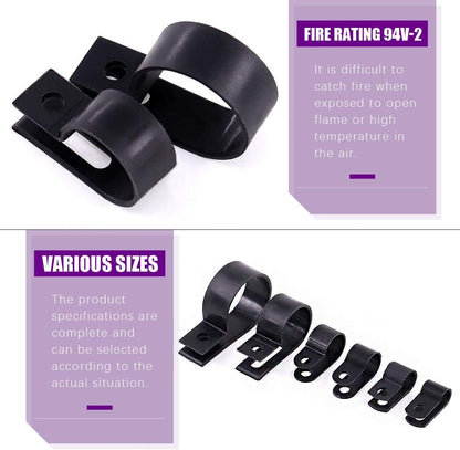 Swpeet 135 Pack 6 Sizes Black Nylon Plastic R-Type Cable Clips Clamp Assortment Kit, 1/4" 5/16" 3/8" 1/2" 3/4" 1" Nylon Screw Mounting Cord Fastener Clips with 135 Pack Screws for Wire Management