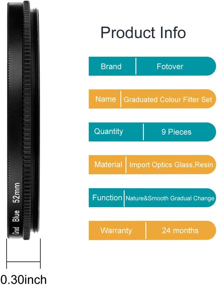 52mm Graduated Color Filters Kit 9 Pieces Gradual Colour Lens Filter Kit Set Accessory for Canon Nikon Sony Pentax Olympus Fuji DSLR Camera + Lens Filter Pouch +Lens Cleaning Cloth