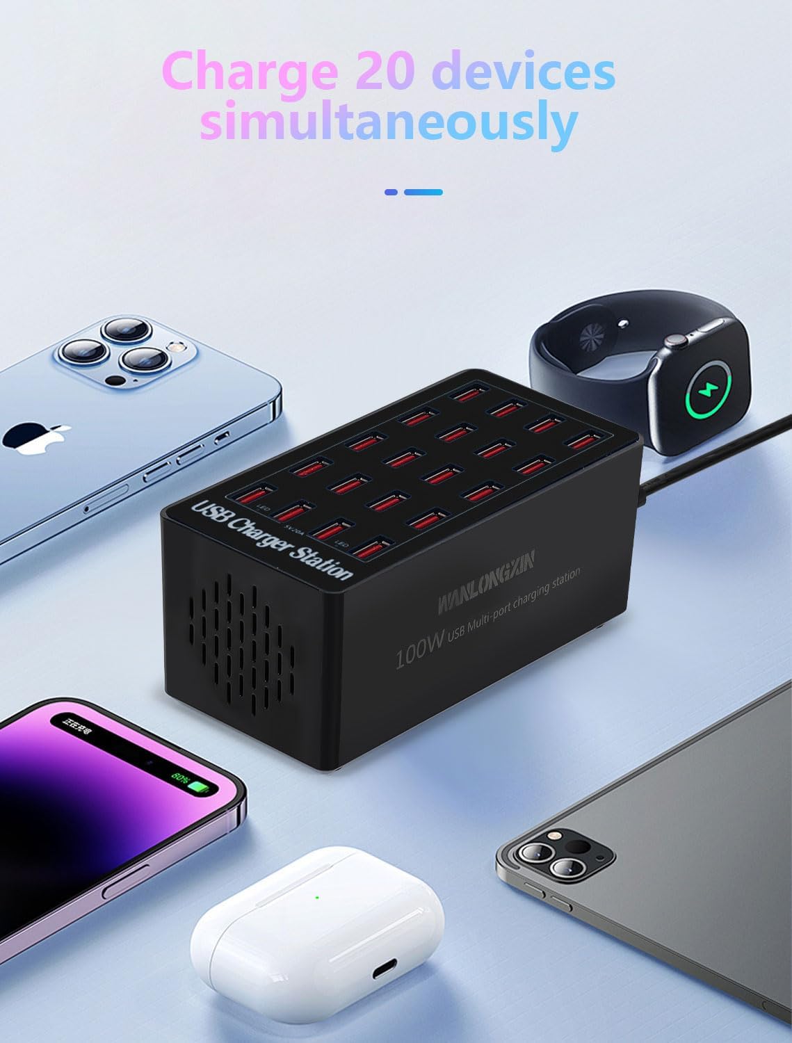 Charging Station, 100W20Port USB Charging Station, Multiple USB Charger Station, Charging Station for Multiple Devices, Multi USB Charging Station, Chargers for Multiple Devices, black