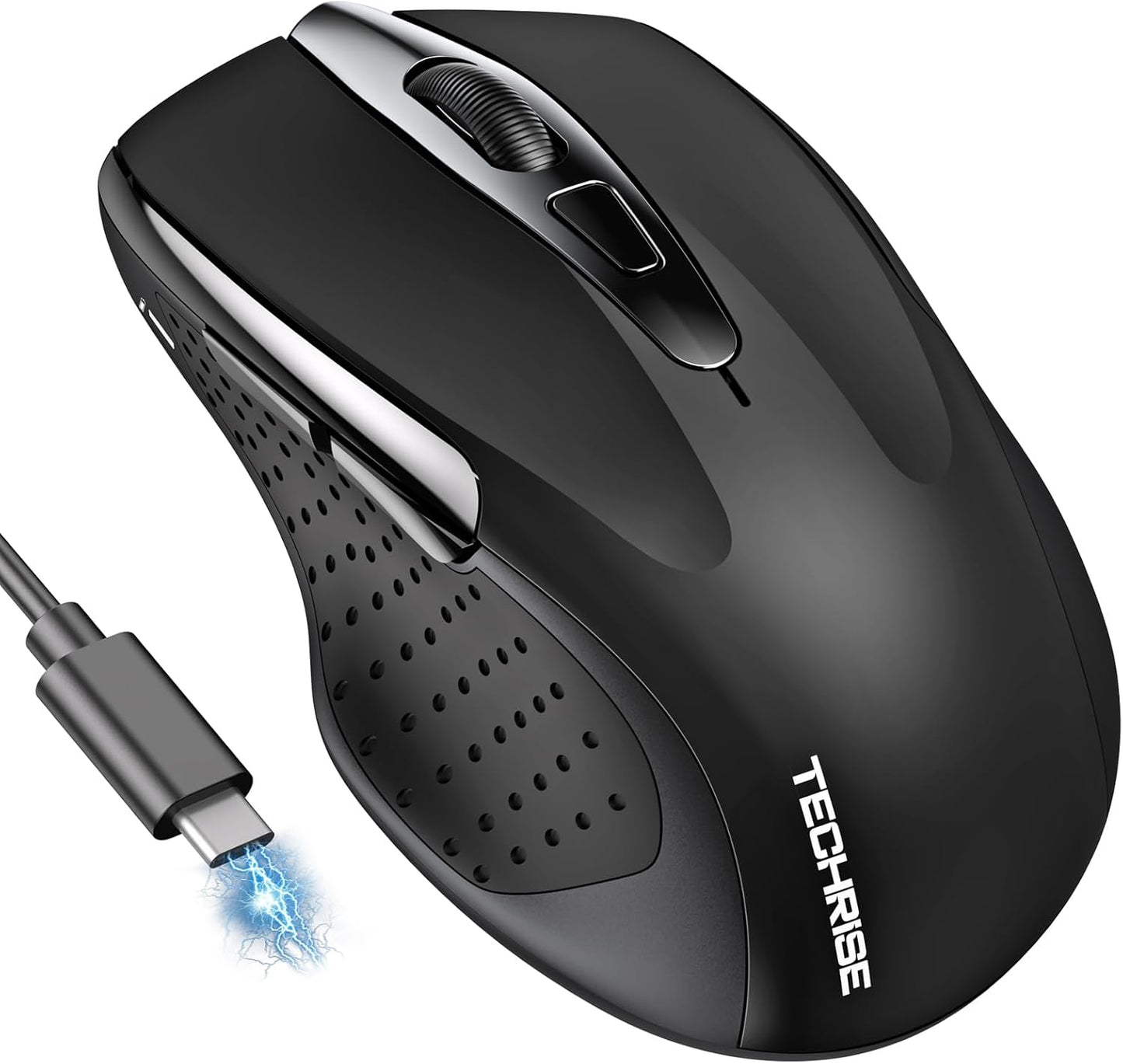 Bluetooth Mouse (BT5.0/3.0 & 2.4G) Rechargeable Wireless Mouse, 4800 DPI Optical Tracking, 6 Adjustable DPI, 2.4GHz with USB A Receiver, Quiet Clicks, Ergonomic Grips, 6 Buttons - Black