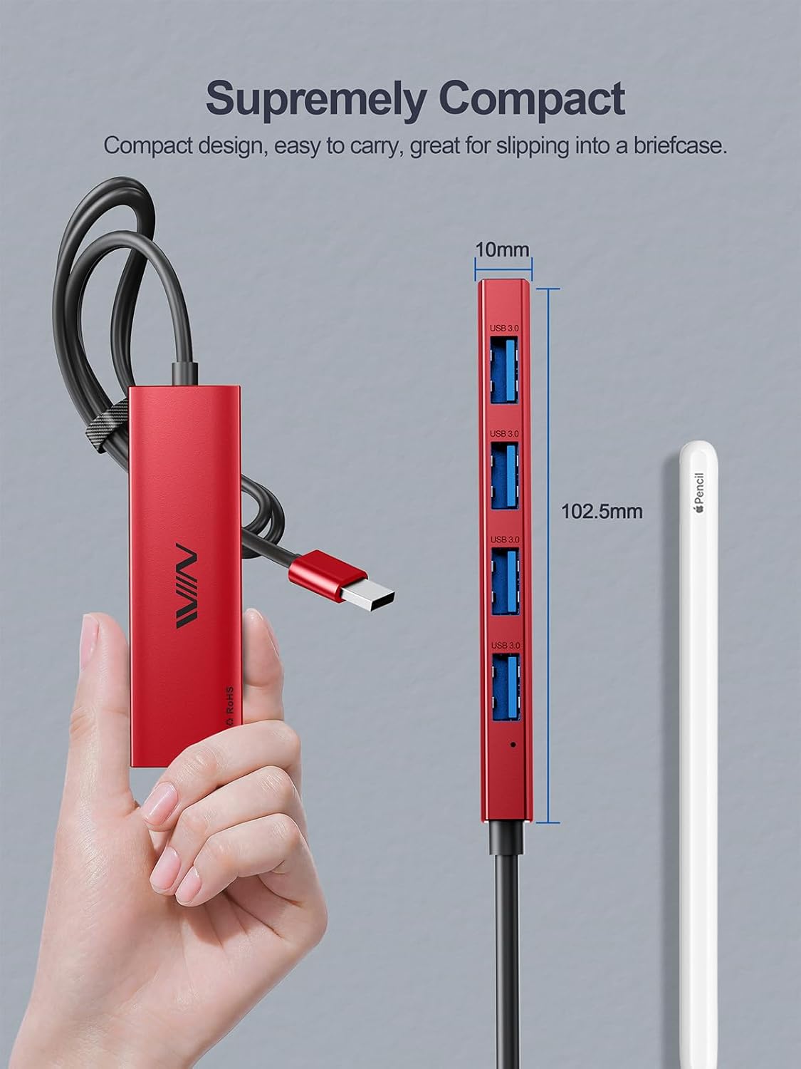 USB 3.0 Hub,4 Port USB Splitter Extender Portable Adapter Multiport Data Hub for Laptop,Xbox, Flash Drive,HDD,Console,Camera,Keyborad,Mouse Windows,Mac OS PC,Not Designed to Charge Devices-Red