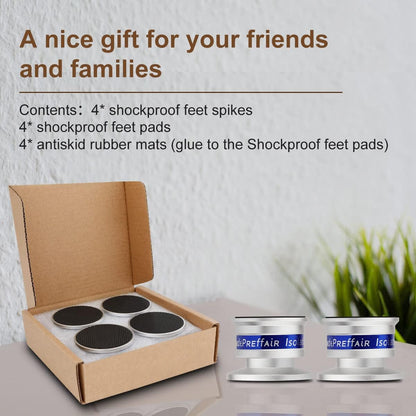Preffair HiFi Speaker Isolation Feet Spikes, Aluminum Shockproof Turntable Stand Feet, Speaker Floor Protector Mat, Adjustable Subwoofer Vibration Absorber, Non-Slip LP Vinyl Record Player Base Pad.