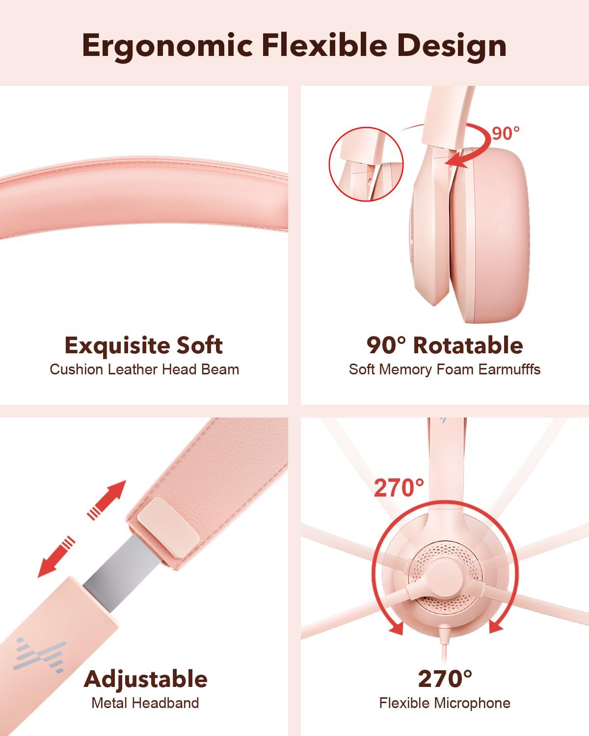 USB Headset with Microphone for PC, On-Ear Computer Laptop Headphones with Noise Cancelling Mic in-line Control for Home Office Online Class Zoom (USB+3.5mm, Pink)