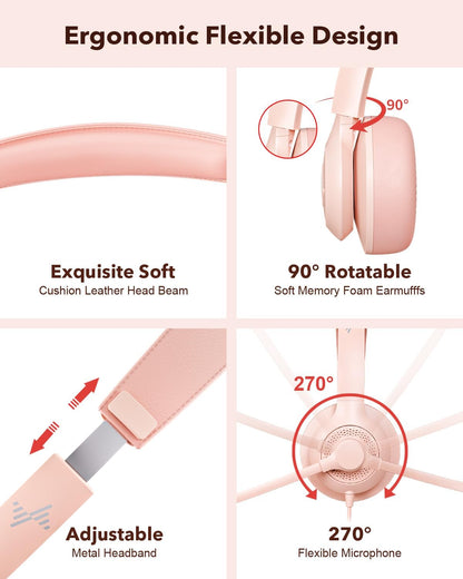 USB Headset with Microphone for PC, On-Ear Computer Laptop Headphones with Noise Cancelling Mic in-line Control for Home Office Online Class Zoom (USB+3.5mm, Pink)