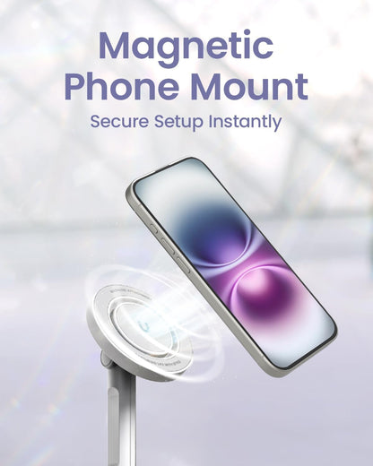 KraftGeek Magnetic Phone Tripod for iPhone MagSafe – 66'' Automatic Selfie Stick with Remote, Portable Tripod Stand for Video Recording, Travel, Vlogging (White)