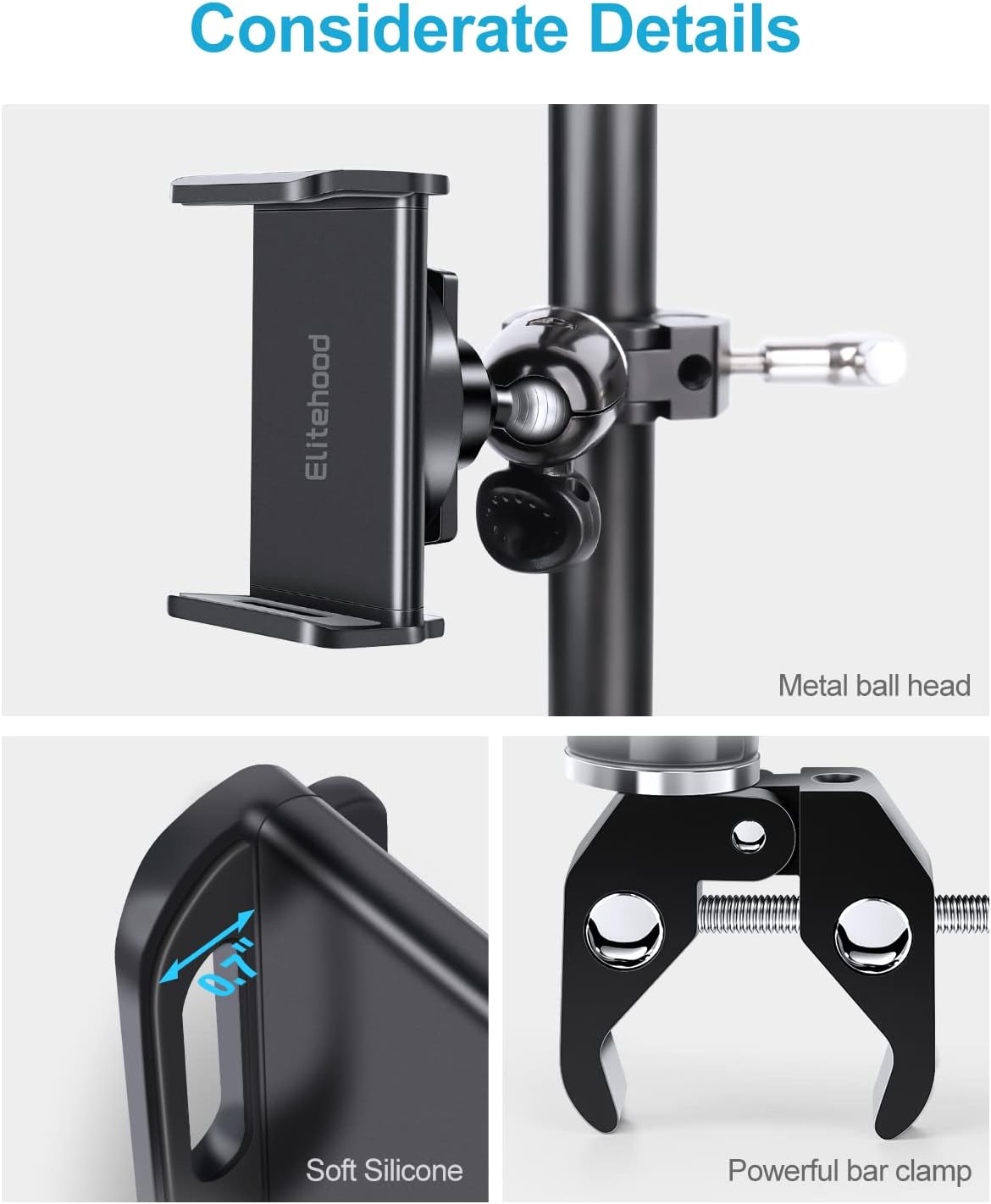 elitehood 360 Swivel Tilt Phone Holder and Mount, Adjustable for Music Boom Mic and All iPhone, Android Cell Phone