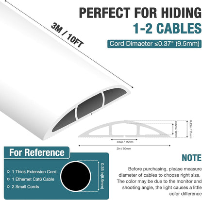 Floor Cord Cover, Cable Protector, 0.63W x 0.31H inches, Wire Cover for Extension Cords, Floor Cable Covers Prevent Cable Trips (White, 50-10 Feet)