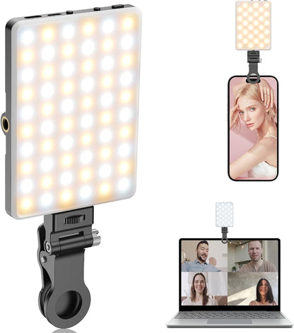 TONEOF Portable Selfie Light,Rechargable 60 LED PhoneLight with Clip & Double 1/4" Screw Hole,2500k-9000K Dimmable for iPhone,Android,Laptop,Tablet,Selfie/Video Conference
