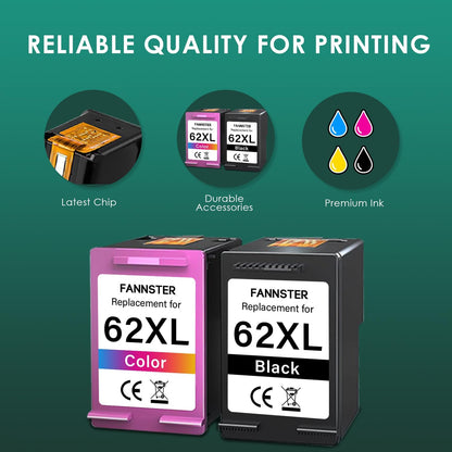 62XL 62 XL Ink Cartridges Black and Color for 62 Ink Cartridge Combo Pack Works with Envy 7640 5660 5540 7645 5661 for OfficeJet Mobile 250 200 258 for OfficeJet 5740 5745 8040 Printer(2-Pack)